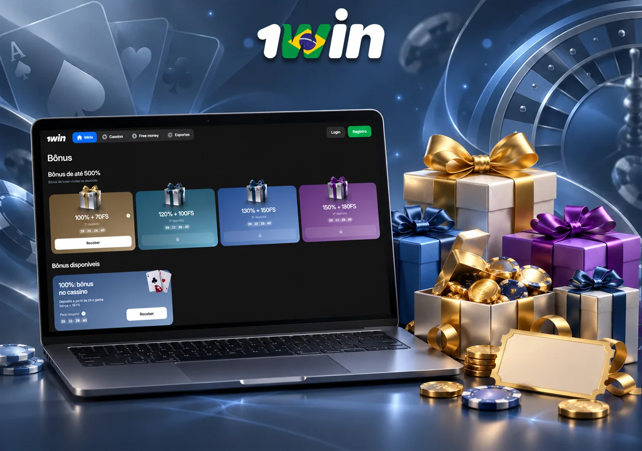 Na 1Win, ofertas de bônus aparecem no laptop junto a presentes e fichas